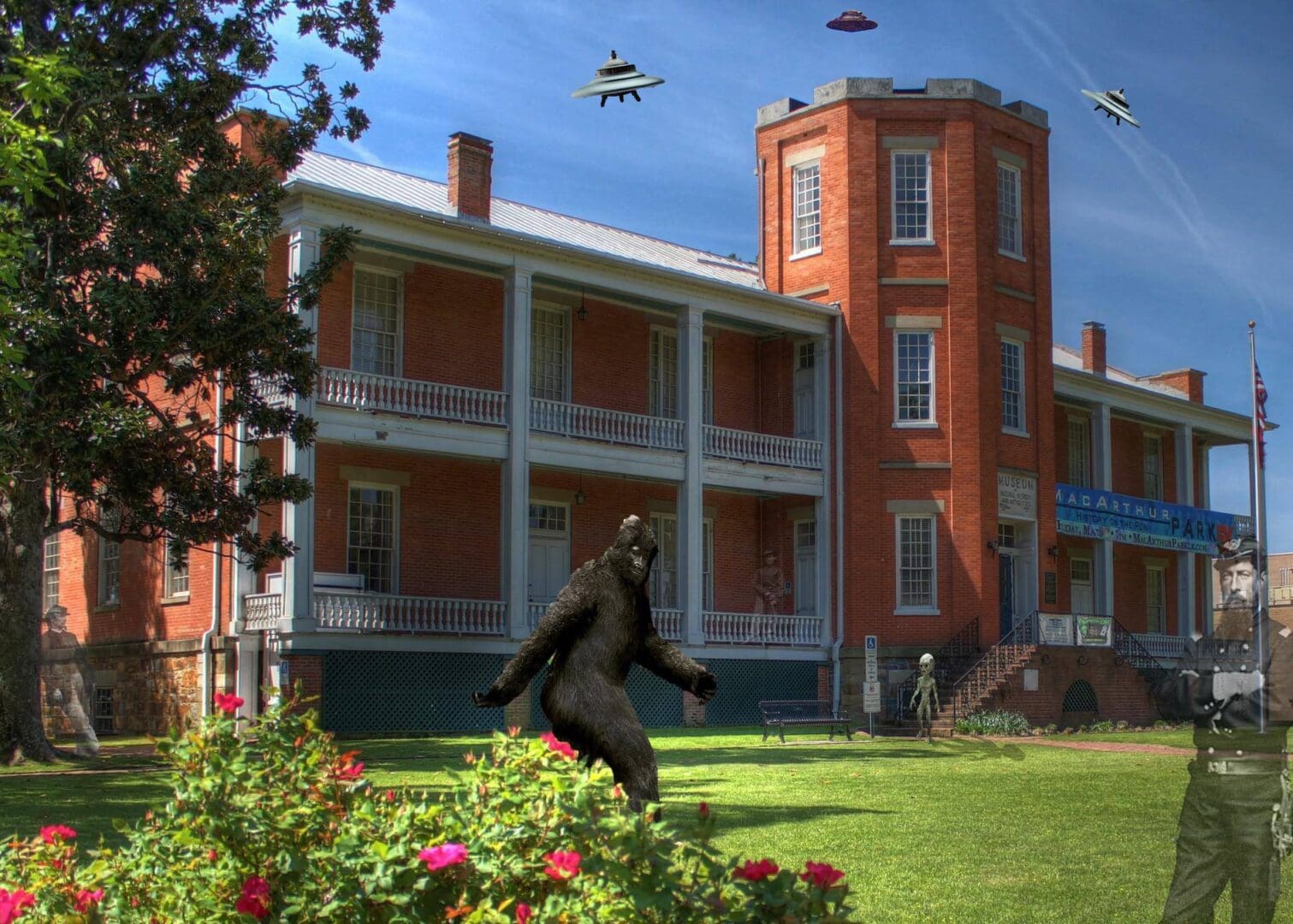 Red-brick historic building with Bigfoot and UFOs