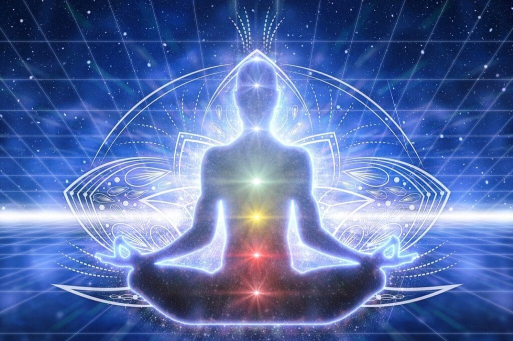 A person sitting in the lotus position with chakras around them.