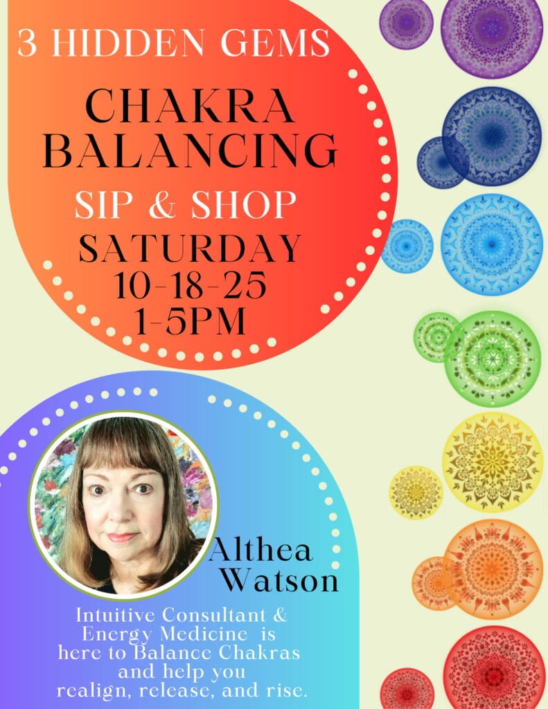 Chakra balancing and sip & shop event poster with colorful chakra symbols.